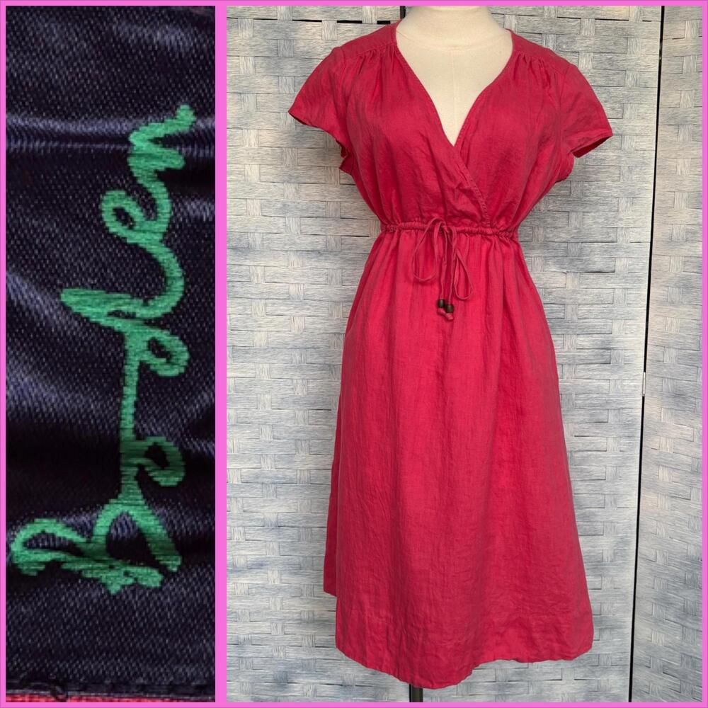 Boden Midi 14R‎ Drawstring Waist Short Sleeve Coral Pink 100% Linen